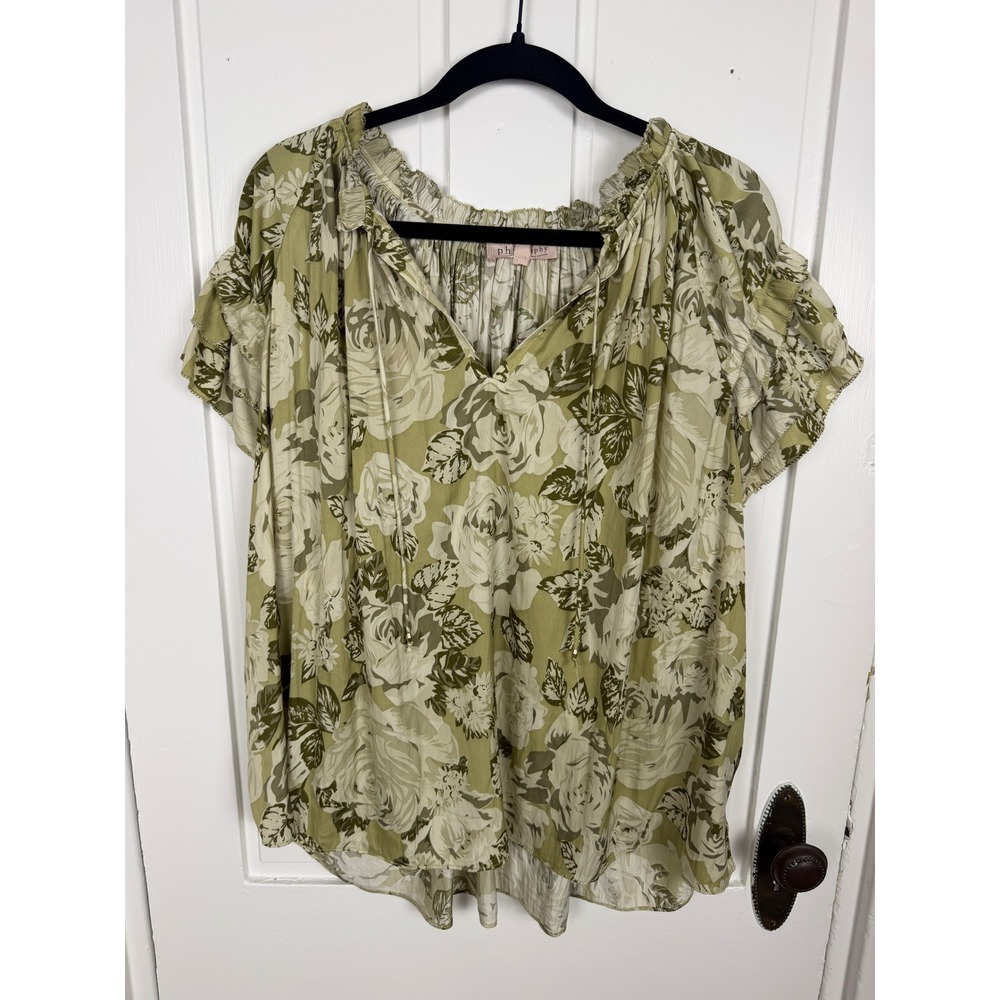 Philosophy Republic Clothing Floral Ruffle Blouse Green Sage 3X Plus Size Top